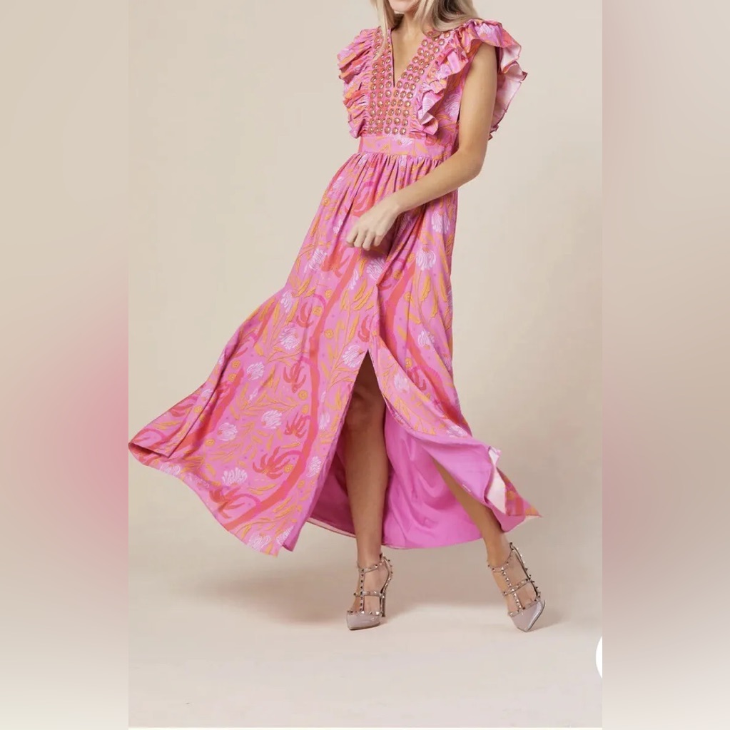 Sheridan French Pink Floral Ruffle Maxi Dress
